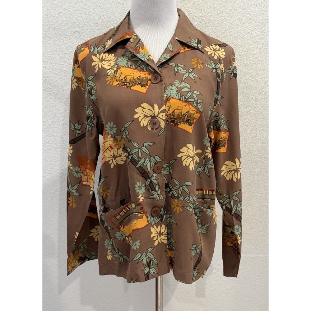 Vintage 90s Women's Silk Novelty Top Brown Asian Pagoda Hawaiian Blouse Medium